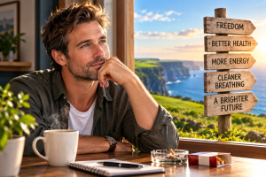 Person reflecting on quitting smoking while sitting by a window with a cup of coffee.