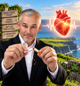 Illustration of a man breaking a cigarette, with a heart symbol representing the cardiovascular benefits of quitting smoking.