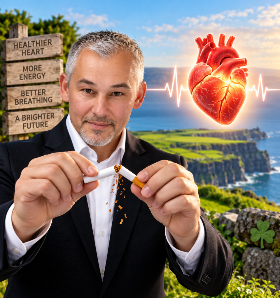 Illustration of a man breaking a cigarette, with a heart symbol representing the cardiovascular benefits of quitting smoking.