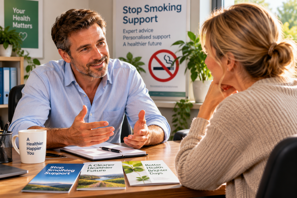 Illustration of a supportive one-to-one consultation about quitting smoking in a comfortable office.